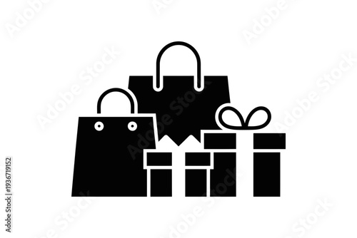 A black silhouette icon of shopping bags and gift boxes