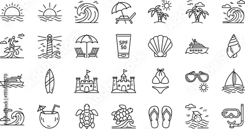Summer Beach and Ocean Line Icon Set with Palm Tree Surfboard Sandcastle Sunscreen Flip Flops and Travel Symbols Vector Illustration