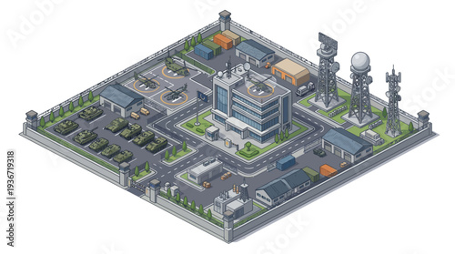 Isometric 3D illustration of a military base with buildings, towers, fighter planes, and warships, showcasing technology and industry on a map