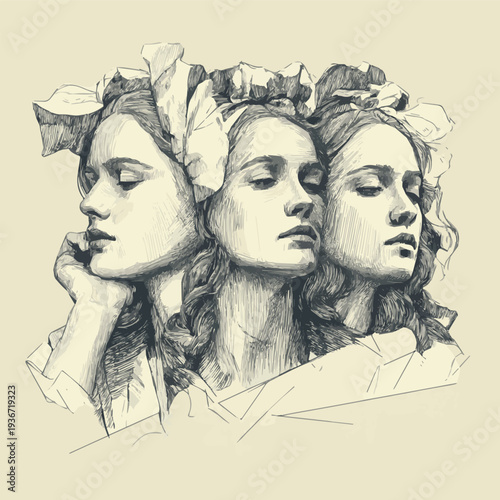 Generate A Illustration of pensive triple Antigone. Hand drawn Vector illustration