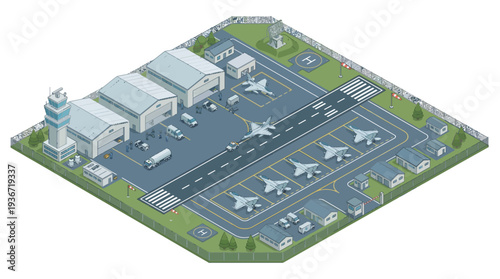 Isometric illustration of a military airbase with fighter planes, buildings, and towers on a green landscape with a control tower