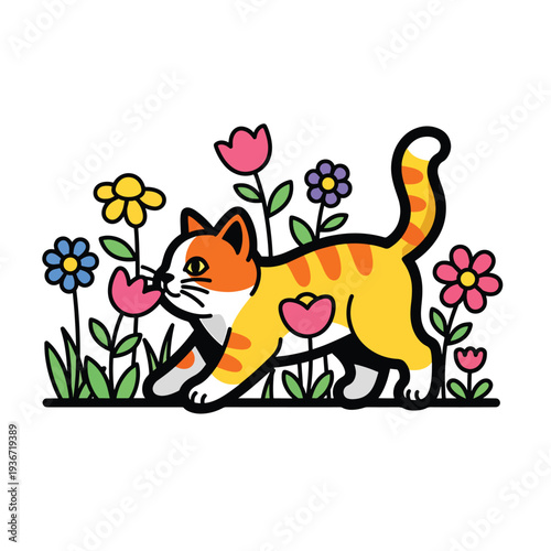 A colorful cartoon of a cat smelling flowers