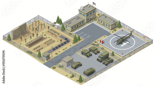 Isometric 3D illustration of a military base with buildings, fighter planes, tanks, and a helicopter on a helipad
