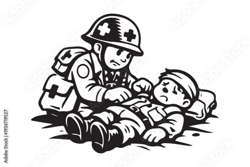 Battlefield medic providing urgent first aid to wounded soldier in a supportive illustration