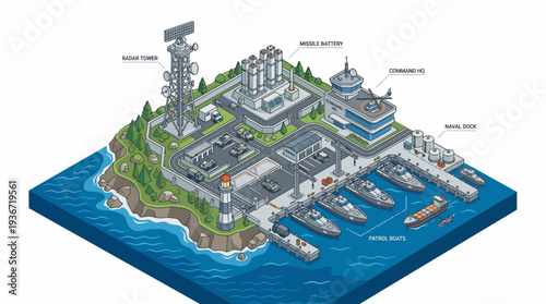 Isometric illustration of a military base with fighter planes, jet planes, ships, warships, tanks, and buildings on a small island surrounded by water