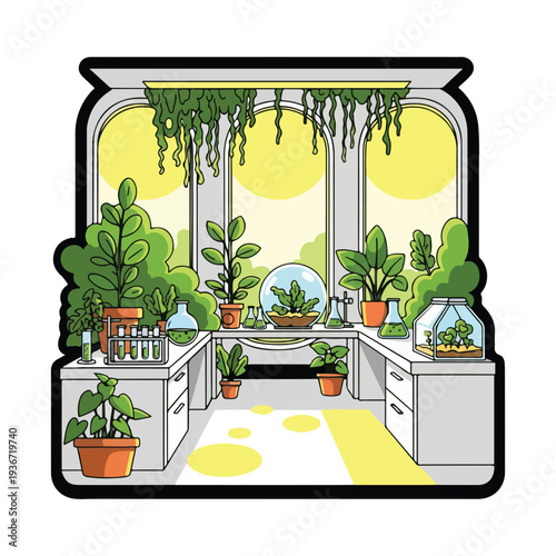 A cartoonish illustration of a plant-filled laboratory