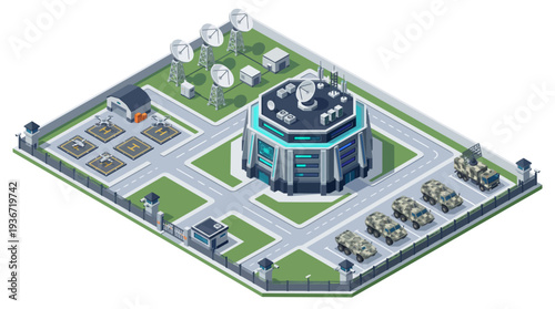 Isometric 3D illustration of a military base with buildings, towers, fighter planes, and warships on a green landscape with roads and satellite dishes