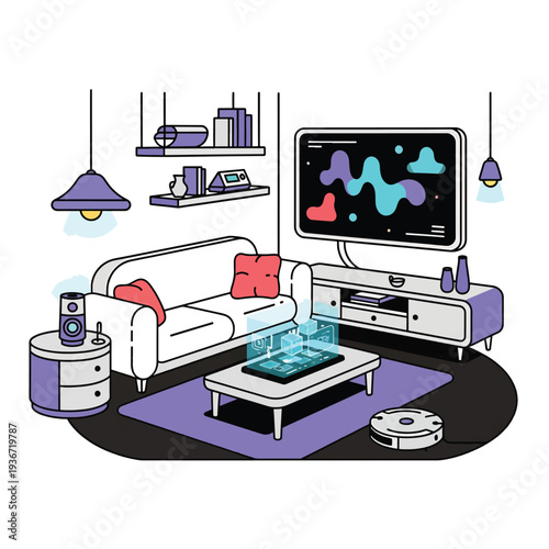A living room with modern furniture and gadgets
