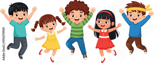 Set of five happy diverse children jumping and cheering, joyful childhood and school fun concept flat vector illustration