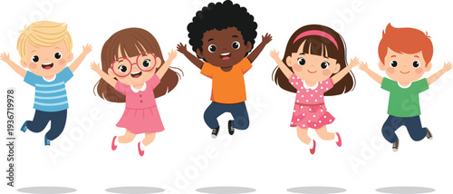 Set of five happy diverse children jumping and celebrating, joyful childhood cartoon vector illustration