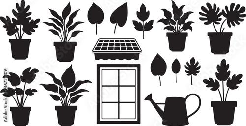 Black silhouettes of plants and gardening tools on white