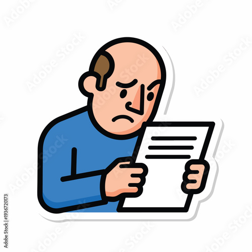 A man looks at a piece of paper with a frown