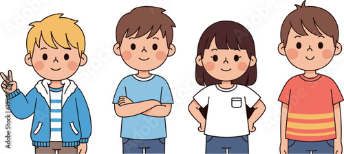 Set of four cute happy school children characters, diverse students in casual clothes flat vector illustration