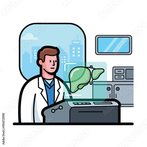 A doctor examines a liver with a machine