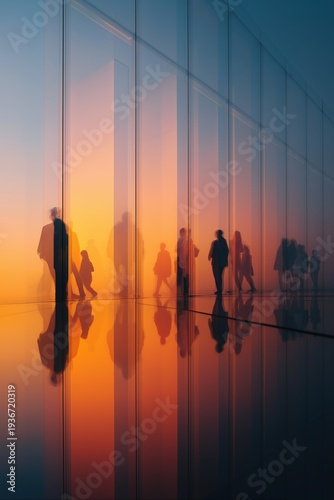 People in motion seen through tall panoramic windows, sharp architectural lines background, translucent surfaces, corporate color grading