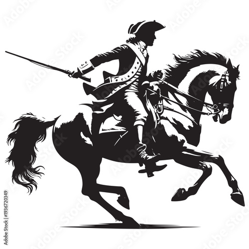 Vintage Cavalry Warrior Charging with Sword on Galloping Horse Silhouette Engraving Military Rider