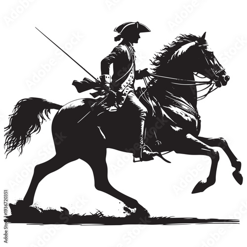 Vintage Cavalry Officer with Spear Riding Horse Silhouette Engraving Historical Mounted Warrior