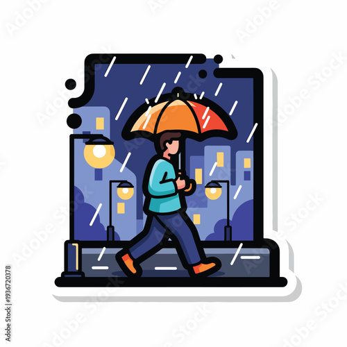 A person walks under an umbrella on a rainy city night