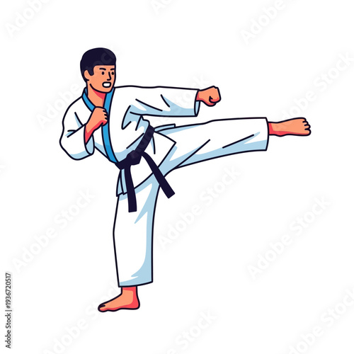 Illustration of a young man in a white karate gi with a black belt kicking in a fighting stance on a plain white background.