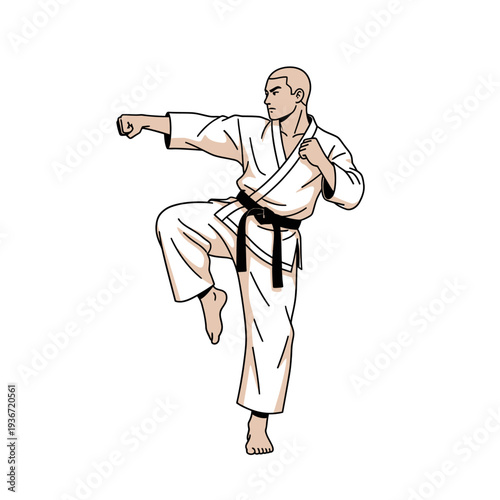 A bald man in a white karate gi and black belt kicks with one leg while punching with one hand in a fighting stance on a white background.