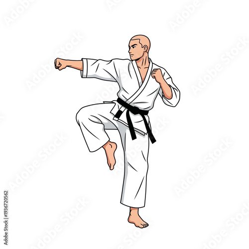 Illustration of a karate practitioner in a white gi and black belt executing a kick on a plain white background.