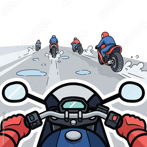 A motorcycle rider's POV on a wet road with other bikers