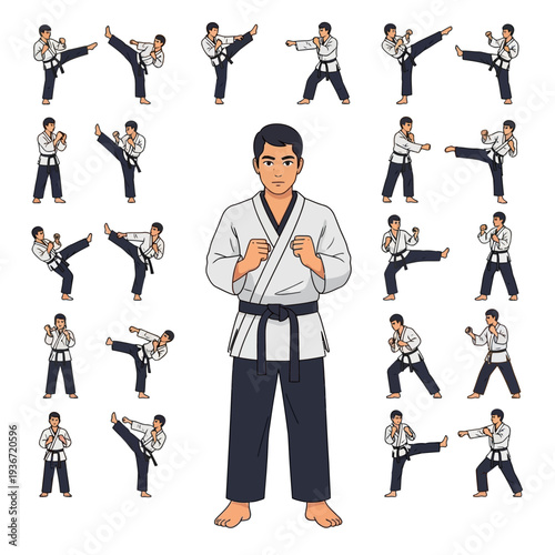 A cartoon illustration of a taekwondo practitioner in various fighting poses, including kicks and punches, wearing a white dobok with a black belt on a plain white background.