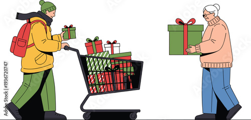 Young person pushing shopping cart full of gift boxes to an elderly woman, holiday season and kindness concept