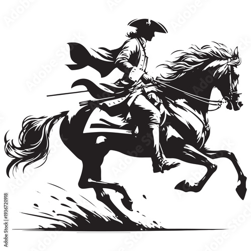 Vintage Revolutionary Cavalry Rider with Cape Silhouette Engraving Historical Horse Warrior
