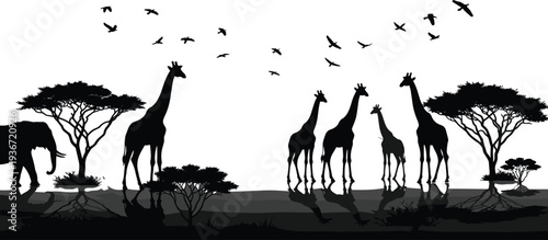 African savanna landscape with giraffe and elephant silhouettes, cad drawing flat vector illustration of wild animals in safari nature scene