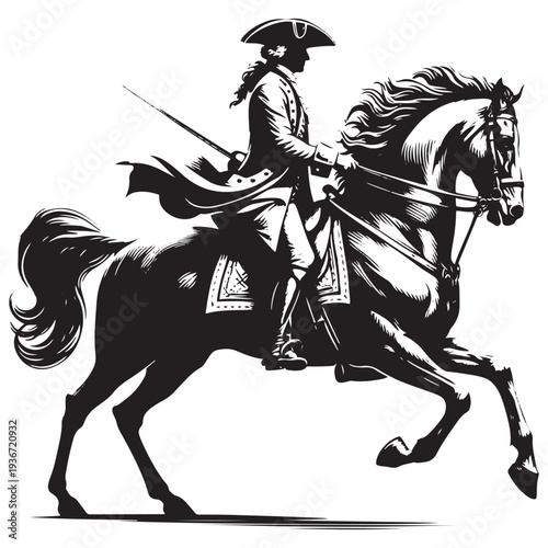 Vintage Cavalry Officer Riding Horse with Sword Silhouette Engraving Historical Military Rider