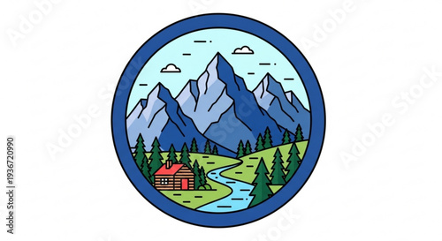 Serene mountain landscape with cabin and river in a circular frame