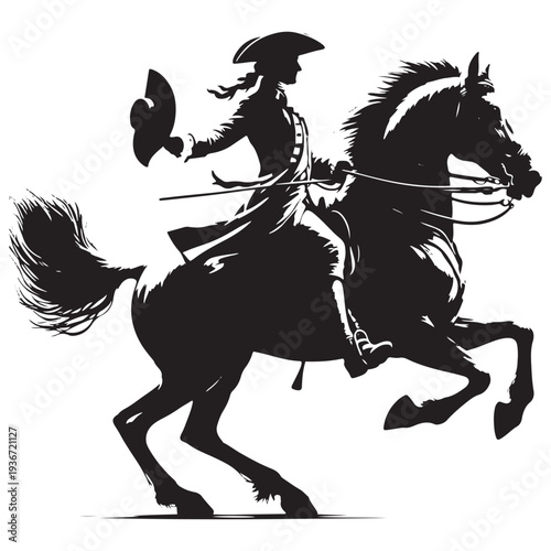 Vintage Cavalry Soldier Raising Hat Silhouette Engraving Historical Mounted Horse Rider Illustration