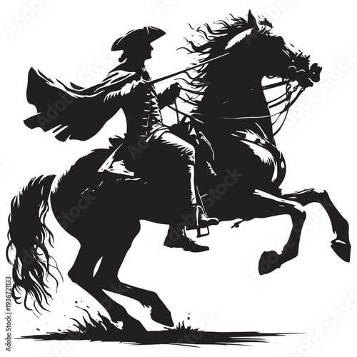 Vintage Heroic Cavalry Rider with Cape Silhouette Engraving Galloping Horse Warrior Illustration