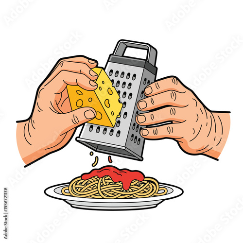 A person grating cheese on spaghetti