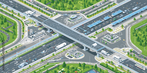 Highway Interchange, Overpass, Crossroads, City Streets, Urban Traffic Infrastructure Top View Illustration