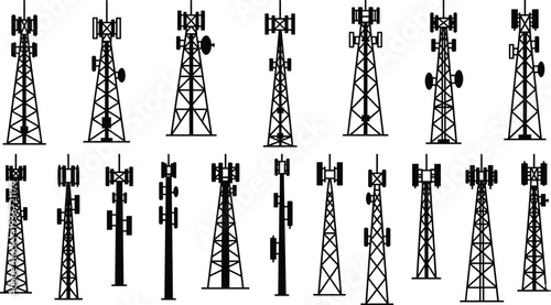 Telecommunication Tower Silhouette Collection with Cellular Antennas and Wireless Signal Equipment Vector Set for Mobile Network Infrastructure Design