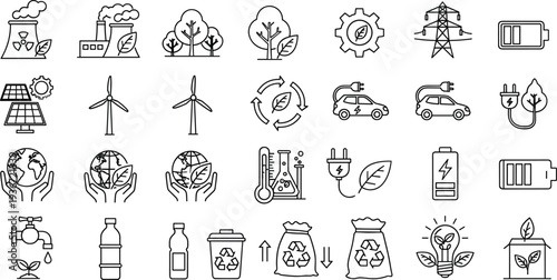 Renewable Energy and Ecology Line Icon Set with Solar Panel Wind Turbine Electric Car Recycling and Green Technology Symbols Vector Illustration