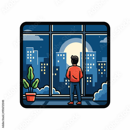 A man looks out a window at a nighttime cityscape