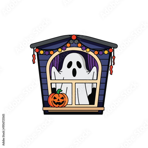 A ghost peers out of a house window with a jack-o-lantern
