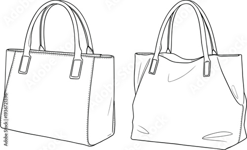 Hand drawn line art illustration of two elegant women handbags, stylish fashion accessories, tote bags with handles, isolated vector design
