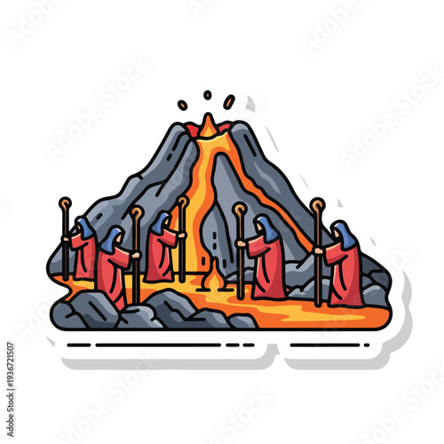 A group of hooded figures stand before an erupting volcano