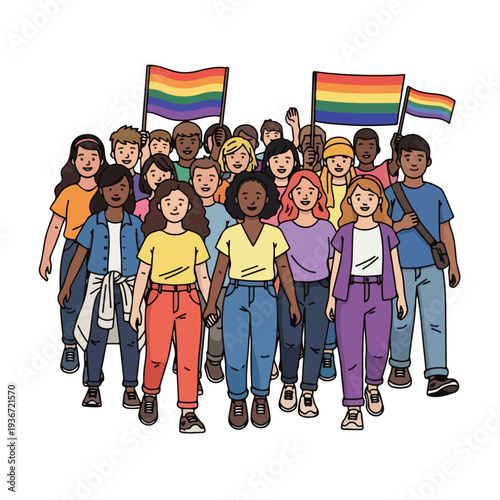 A diverse group of people holding rainbow flags