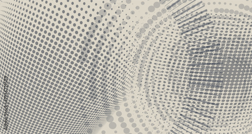 Abstract vector horizontal banner with halftone dots and geometric wave patterns. Minimalist tech background for web design, corporate identity, and digital marketing. Stylish gray and pastel tones