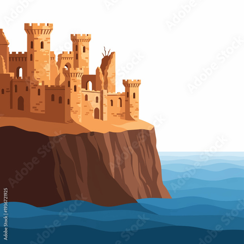 A medieval-style castle on a cliff overlooking the ocean