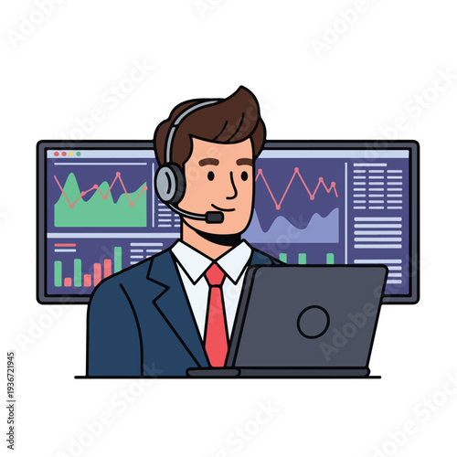 A man in a suit wearing a headset sits at a laptop