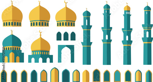 Collection of islamic architectural elements including masjid domes minarets and arched windows in teal and gold colors