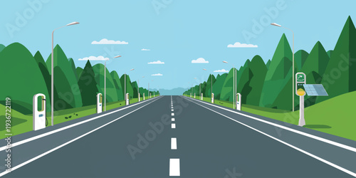 Mountain road through forested landscape with clear sky and green surroundings