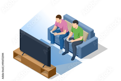 Isometric living room interior with two man play football video game on television. Sofa, console and screen show soccer match simulation. Sports entertainment, gaming hobby, home leisure