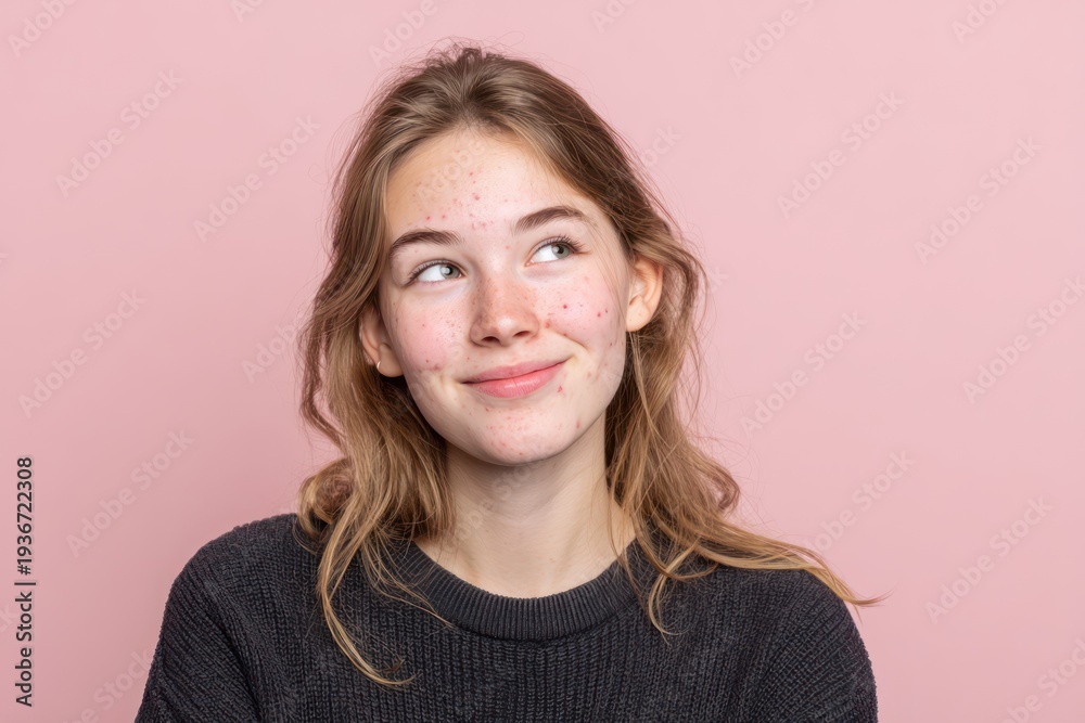 Fototapeta premium Teen girl smiling softly with skin acne
